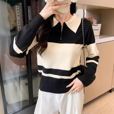 Damen Streifenpullover mit Umlegekragen - Lockere Passform, Strickware im Lazy-Stil für Herbst/Winter 2025