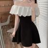 Women's Slash Neck Summer Ruffles Dress Patchwork Elegant Sweet Off Shoulder Dresses Sexy