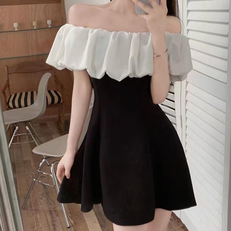 Women's Slash Neck Summer Ruffles Dress Patchwork Elegant Sweet Off Shoulder Dresses Sexy