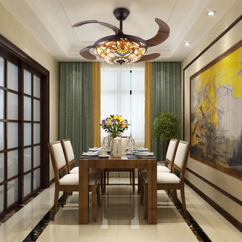 

Bymaocar 42in Tiffany Ceiling Invisible Fan LED Light Retractable Blades Remote Control Lighting Color Changes & Speed Settings 110V