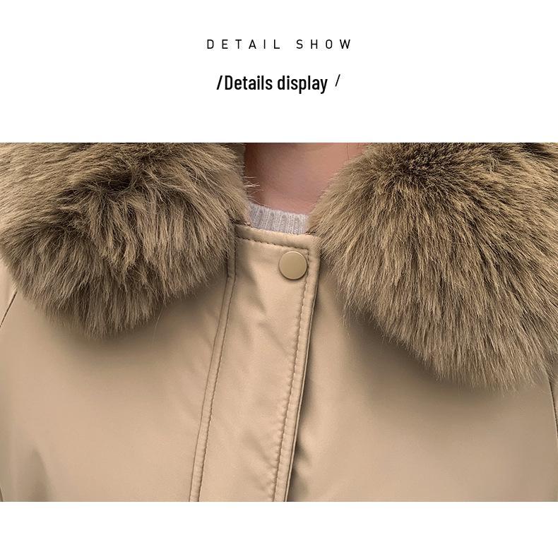 Women's Mid-Length Cotton Jacket with Large Fur Collar, Hooded, Winter 2024 Style, Warm Outerwear.