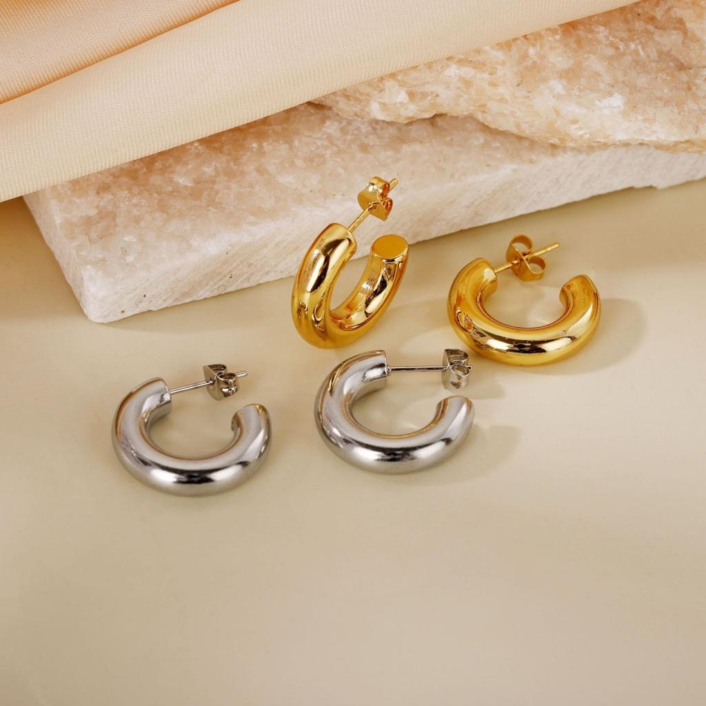 1 Pair Stylish Exquisite Circular Geometric 304 Stainless Steel C Shaped Hoop Earrings For Women Men Jewelry Gift
