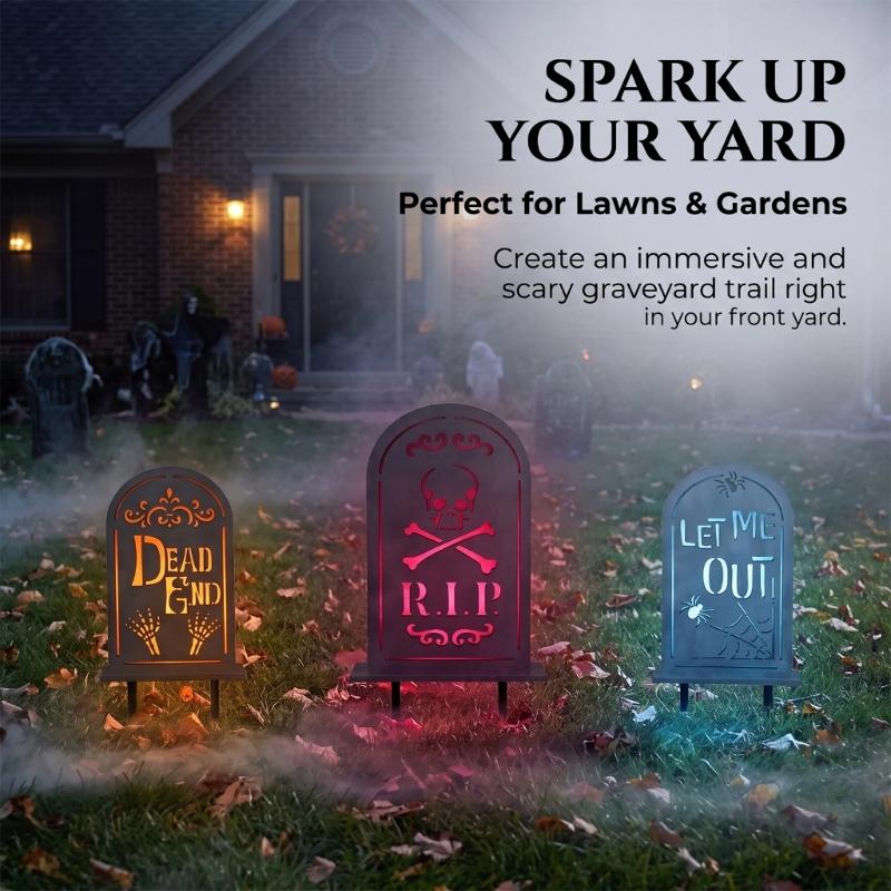 Halloween Cemetery Accent With Light Effect, PVC Grave Marker Piece for Porch Window Table Party Home Scene Display