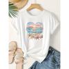 European Size Women's Beach-Themed Heart & Print T-Shirt Suitable for - Casual Loose Fit Vintage Top with Round Neck, Short Sleeve Blouse