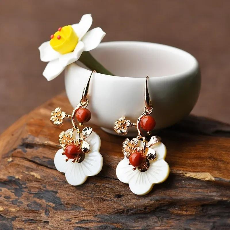 Vintage Flower Natural Stone Earrings for Women Girl Ethnic Style Gold Earrings Jewelry Accessories Birthday Gifts Earrings