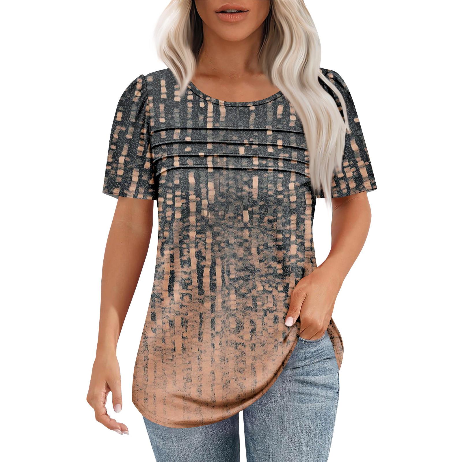 

Жіноча модна плісирована сорочка з круглим вирізом і короткими рукавами M