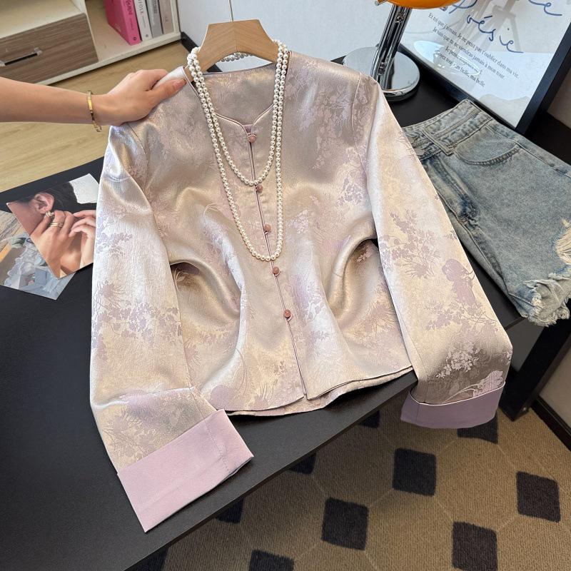Spring Retro Ethnic Style Women s Long Sleeve Jacquard Tang Suit Cardigan with Pearl Buttons Medium