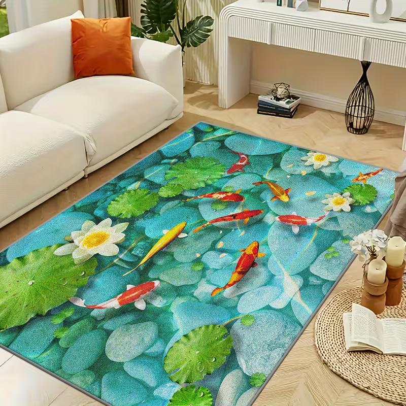 Fresh Pond Koi Print Large Mat - Machine Washable Outdoor Rug for Balcony Patio Backyard Easy Clean Floor Decor Fashionable