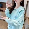 Women's Light Blue Textured Sweatshirt Long Sleeve Casual Loose Fit 3D Flower Applique Top