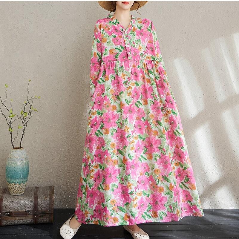 Long Sleeve Plus Size Cotton Vintage Floral New In Dresses for Women Casual Loose Spring Autumn Dress