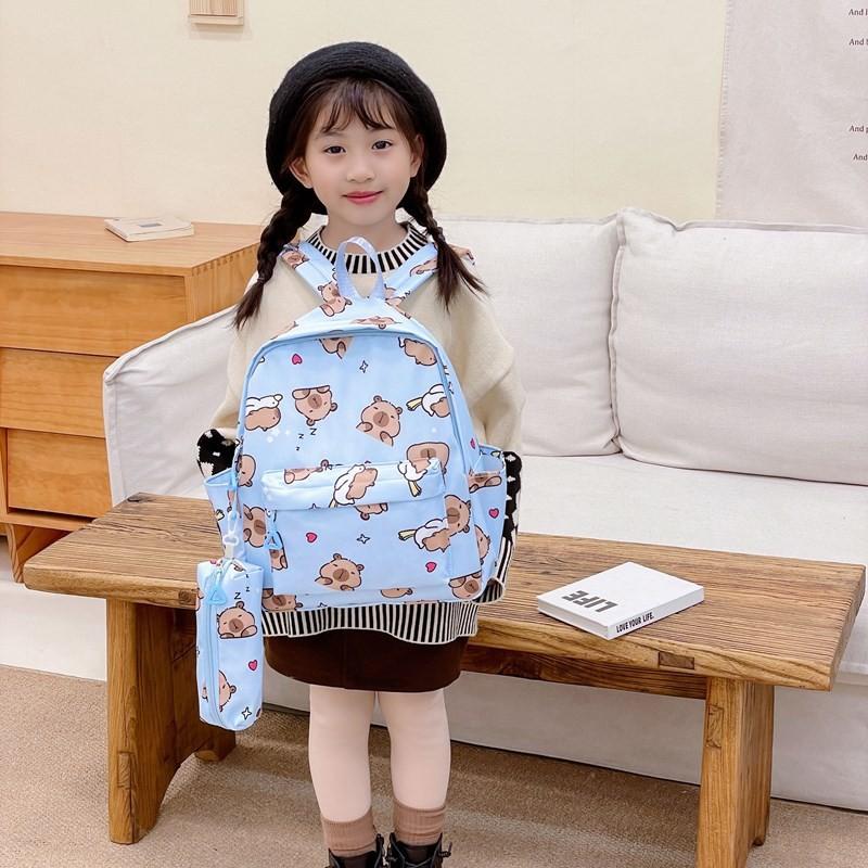 Dual Trendy Capybara Shoulder Backpack Featuring Pencil Holder For School Kids
