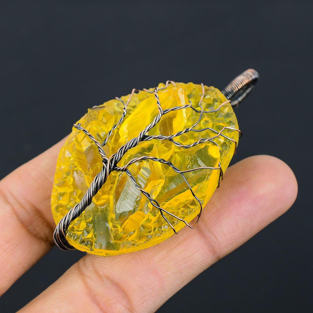 Yellow Rough Crystal Handmade Copper Wire Wrap Pendant 2.76" G9a69