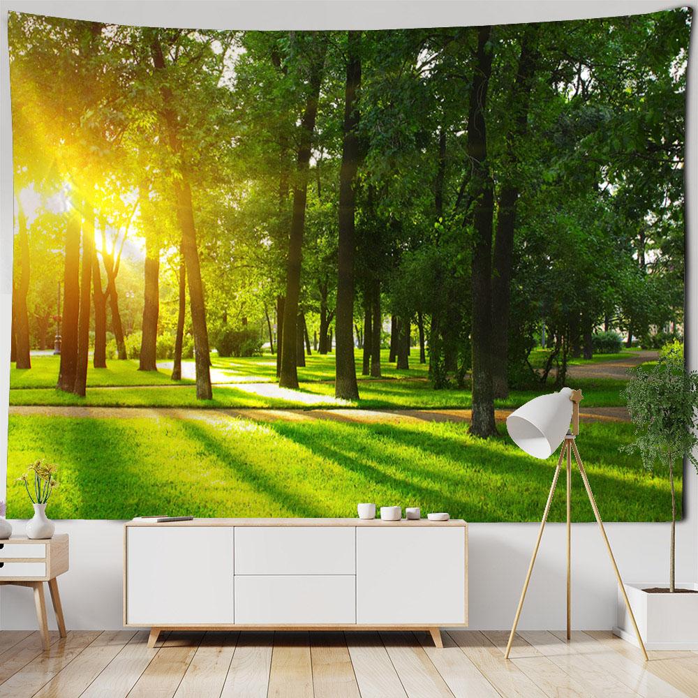 Sunshine Forest Tapestry Natural Landscape Wall Hanging Hippie Home Living Room Bedroom Background Cloth Poster Blanket