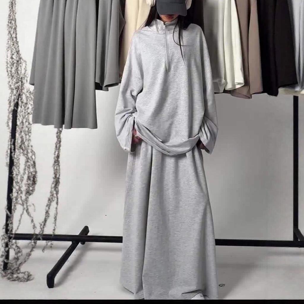 2025 Women's Casual Loose Drapey Half-Zip Top & Skirt Two-Piece Set