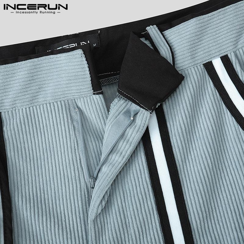 INCERUN Men Autumn Belt Zip-up Waist Stitching Corduroy Harem Pants Trousers