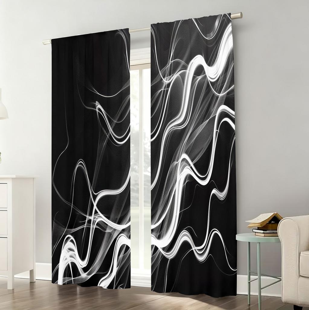 2pcs Black and White Streamlined Curtains   Modern Art Style   Living Room   Bedroom   Pull Rod Pocket   Window Decoration