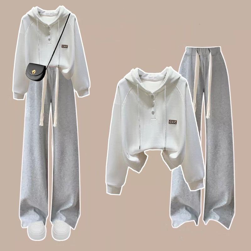 

Весенний костюм женский корейская версия свободный студенческий стиль худи + повседневные широкие брюки костюм-двойка XS белый