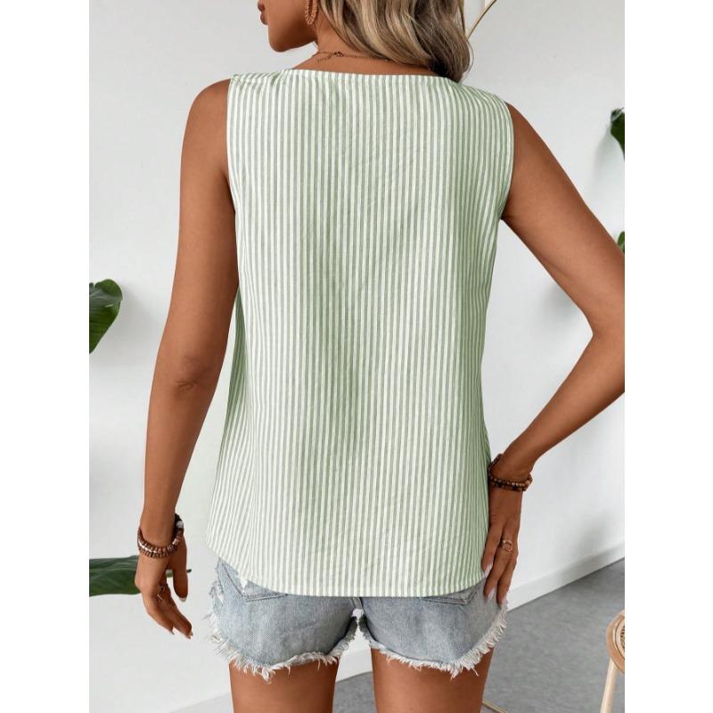Ärmellose Gestreifte Schräger Halsausschnitt Damenbluse Neues Damen Casual Lockeres Oberteil Einfach Elegant Mode Süßes Büro-T-Shirt Streetwear Knöpfe Kleidung