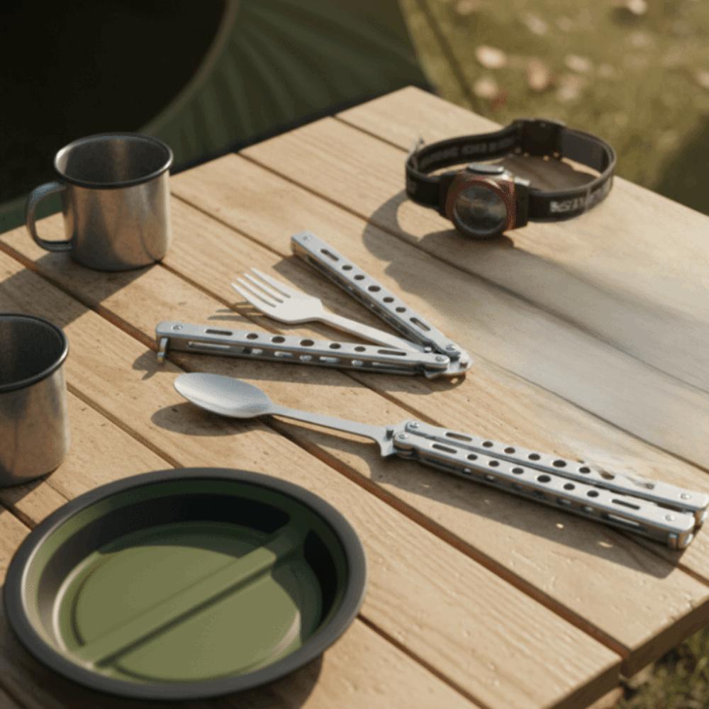 Stainless Steel Butterfly Cutter Style Folding Spoon Rust-proof Portable Spoon Forks Outdoor