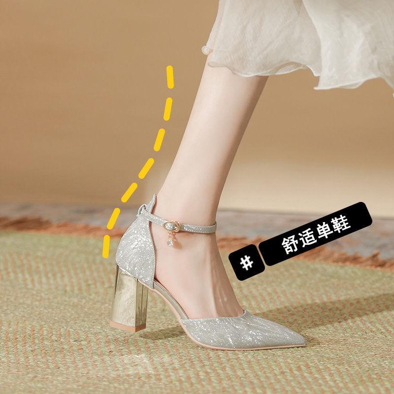 Small Size Women's Shoes 2025 Spring New Glitter Thick Heel with Hollow High Heels Simple Temperament Commuting Widened