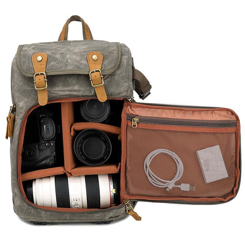 CAREELL C280 Wasserdichter Retro-Kamera-Rucksack aus Batik-Canvas und Leder, lässige Reiseobjektivtaschen für Nikon Sony DSLR-Stativ