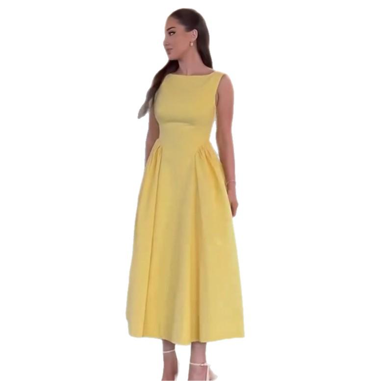 Rochie Maxi 2025 Fără Mâneci Croială Slim Plisată Culoare Solidă Gât Rotund