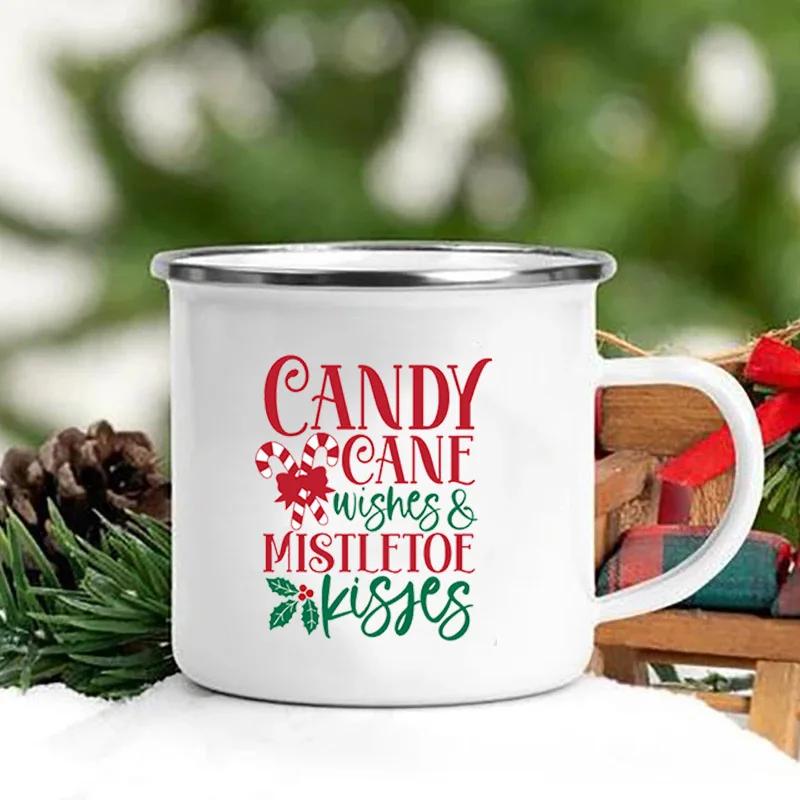Merry Christmas Print Creative Enamel Coffee Tea Wine Drink Mug Dessert Hot Cocoa Milk Cup Cake Mugs Handle Drinkware Xmas Gifts