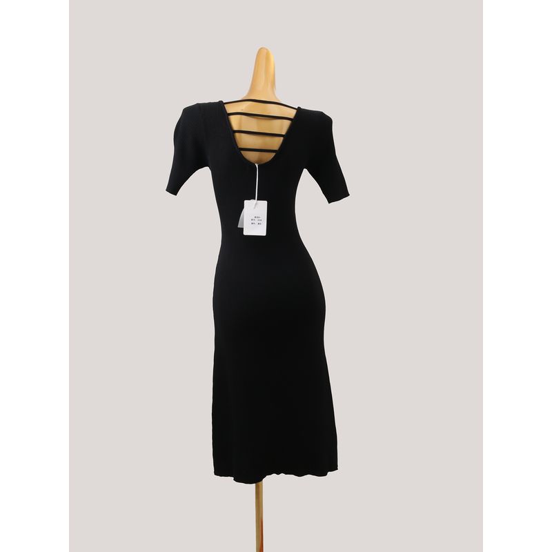 Summer Ice Silk Backless Slim fit Short sleeve Dress Rib Black Fashion Knitted A- line Skirt Women