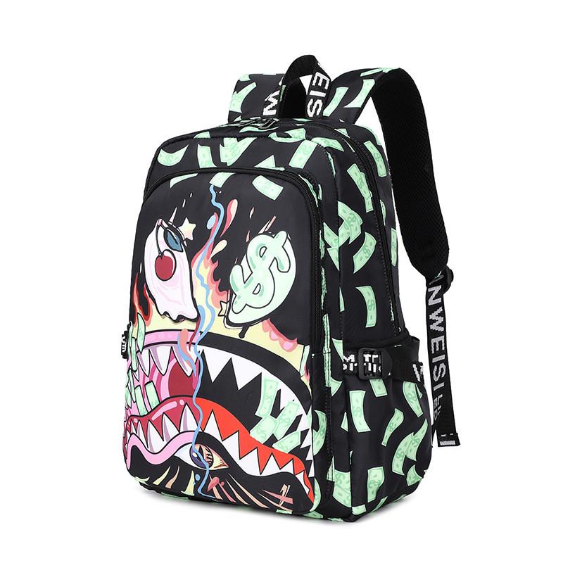 Kids Waterproof Nylon Backpack With Shark Print For Elementary School Use And Daily Carry