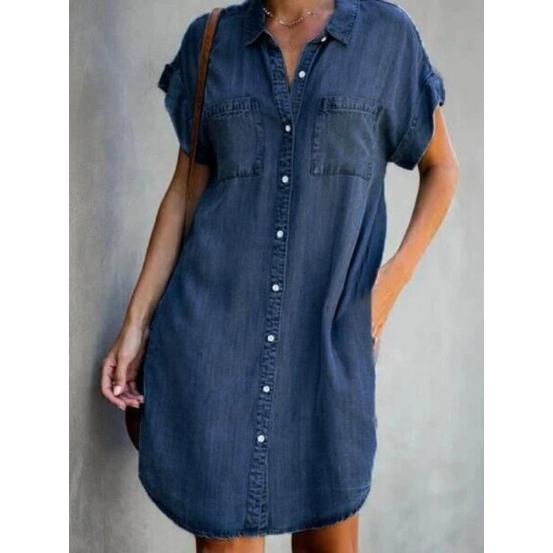 Women's Slim Fit Denim Shirt Dress - Short Sleeve Button-Down Midi Dress with Pockets, Casual Stretchy Jean Dress for Summer, Spring