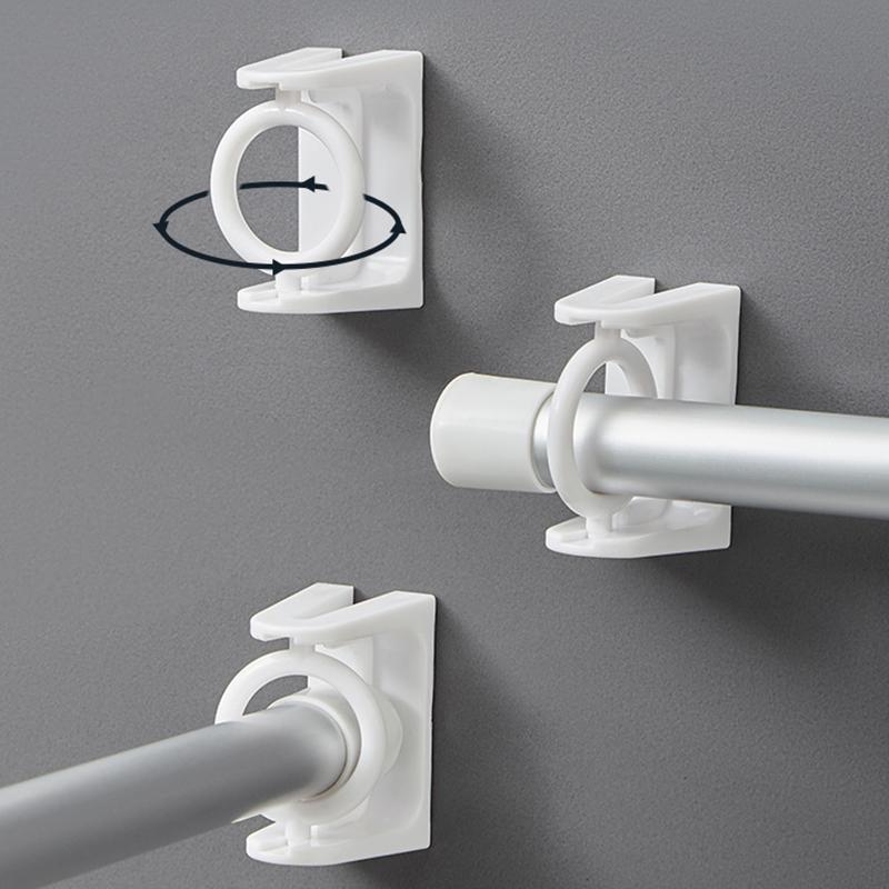 Punch-Free Curtain Rod Hooks 360 Degree Rotation Self-Adhesive Wall Bracket Clamp Shower Curtain Hanging Rod Ring Kitchen Hook