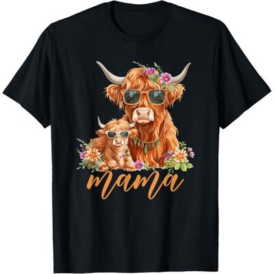 Cute Mama Highland Cow With Baby Calf Boho Floral Mommy Cow T-Shirt