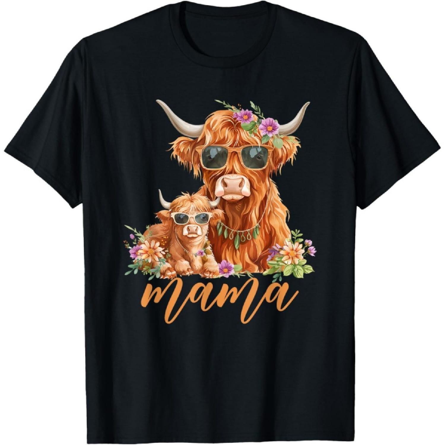 Cute Mama Highland Cow With Baby Calf Boho Floral Mommy Cow T-Shirt S