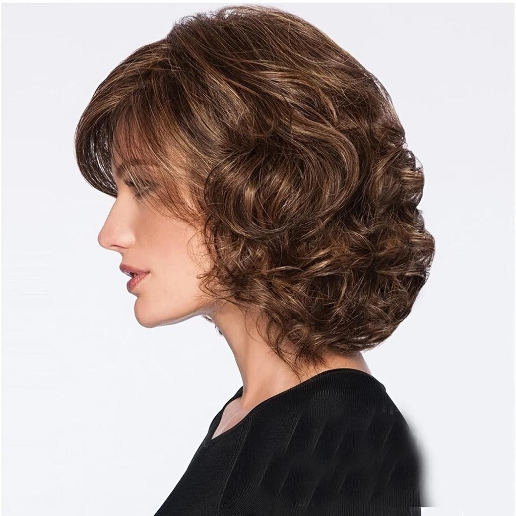 European and American Fashionable Women's Short Curly Hair Wig, Brown Slanted Bangs, High-temperature Silk Wig Headband