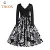 Damen Halloween Kleid A-Linie Big Swing Totenkopf Print Schnürung Schleife Gürtel Gewellter V-Ausschnitt Patchwork Plissee Lange Ärmel Party Karnevalskleid