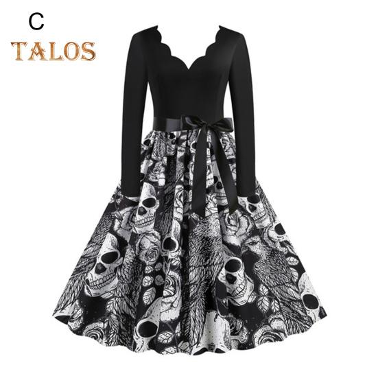 Damen Halloween Kleid A-Linie Big Swing Totenkopf Print Schnürung Schleife Gürtel Gewellter V-Ausschnitt Patchwork Plissee Lange Ärmel Party Karnevalskleid