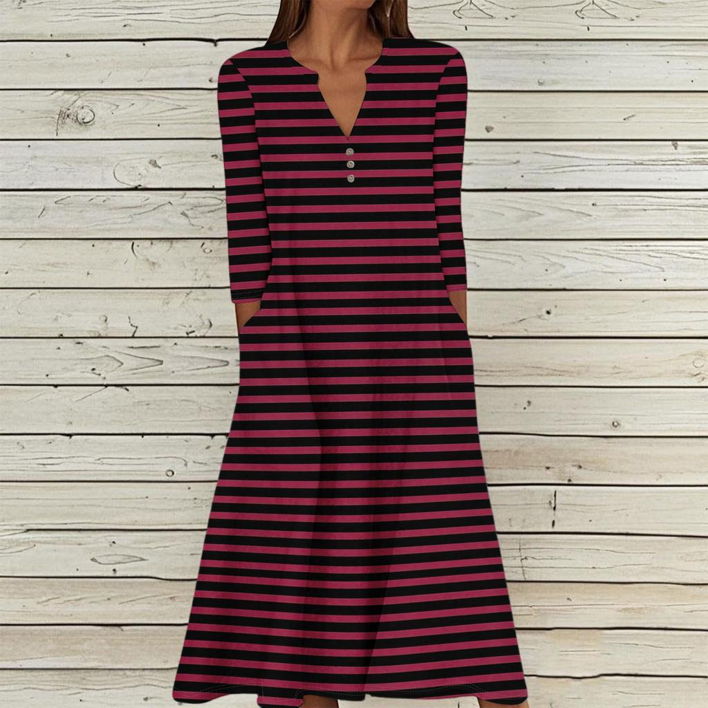 Women's Summer Casual V-Neck Button Stripe Printed Three-quarter Sleeve Long Dress With Pockets