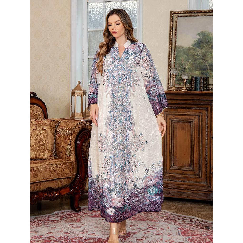 New Arrival Mesh Printed Beaded Maxi Dress, Wholesale Casual Party Long Dress for Events