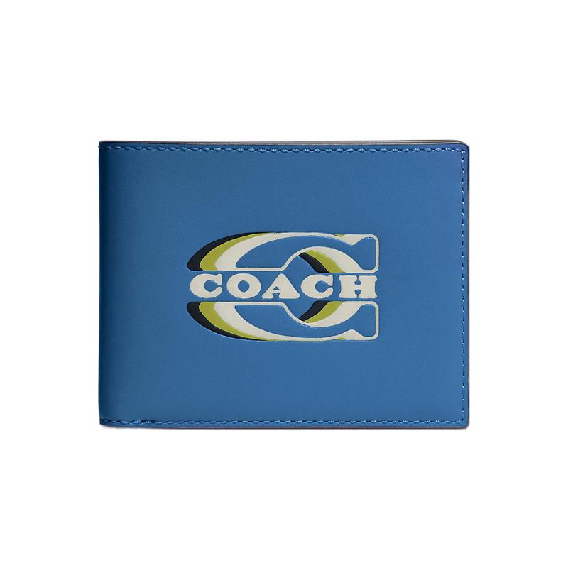 Coach 3 IN 1 Wallet 11 Printed Logo Solid Color Calfskin Card Holder Wallet Men's Blue