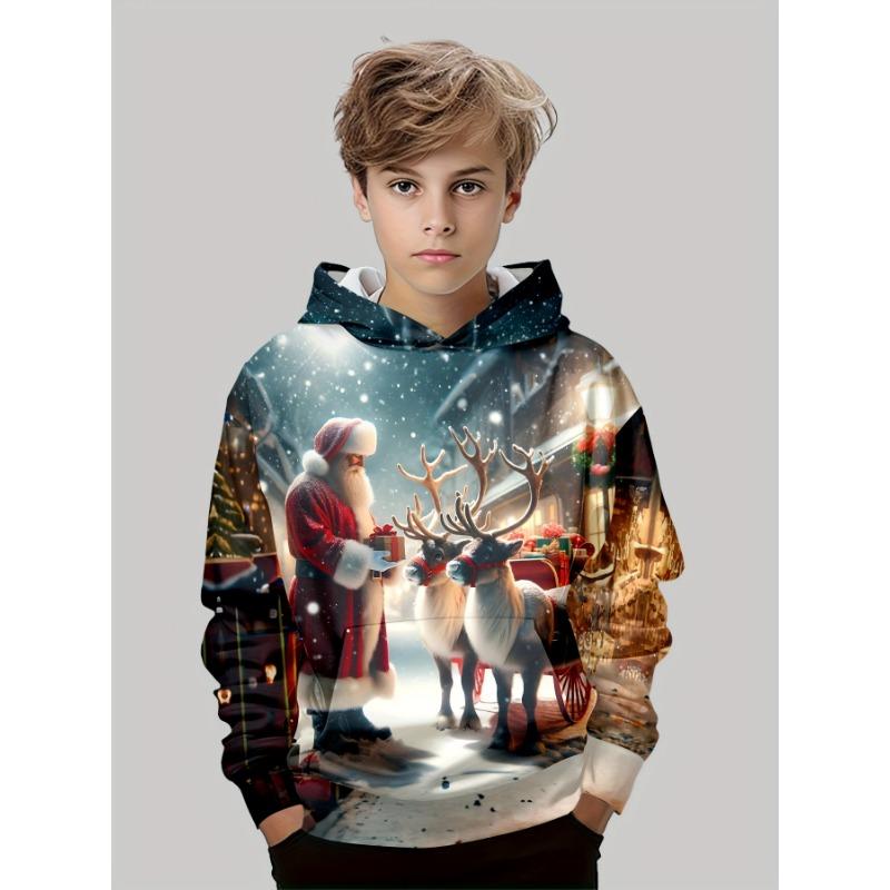 Men's Christmas Graphic Hoodie Cartoon Santa Claus Pattern Loose Casual Comfortable Clothes Harajuku Style Kids Pullover