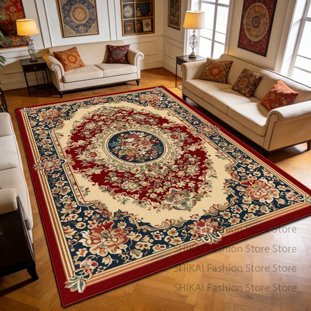 Red European Luxury Flower Pattern Courtyard Carpet Decoration Living Room Non-slip Soft Rug Easy Clean Lint-free Big Floor Mats