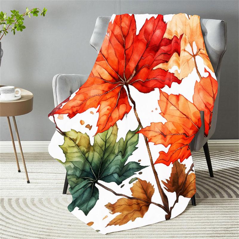Autumn Leaves Pattern Flannel Throw Blanket White Color Maple Leaf Print Warm Blanket For Living Room Sofa Bed Decor All Season