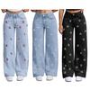 Girl's Bow Cherry Print Baggy Jeans, Wide Leg Mid Waisted Denim Pants, Zipper Fly Elastic Casual Jeans Streetwear with Pockets