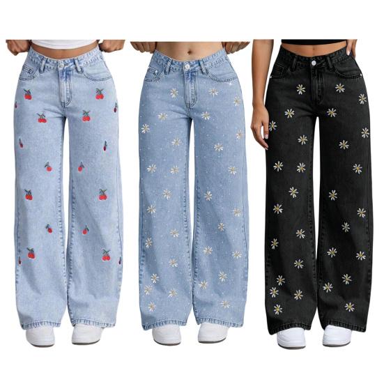 Girl's Bow Cherry Print Baggy Jeans, Wide Leg Mid Waisted Denim Pants, Zipper Fly Elastic Casual Jeans Streetwear with Pockets