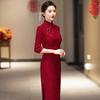 Elegant Chinese-Inspired Long Sleeve Cheongsam Dress Women Vintage Floral Jacquard Mid-Length With Side Slit