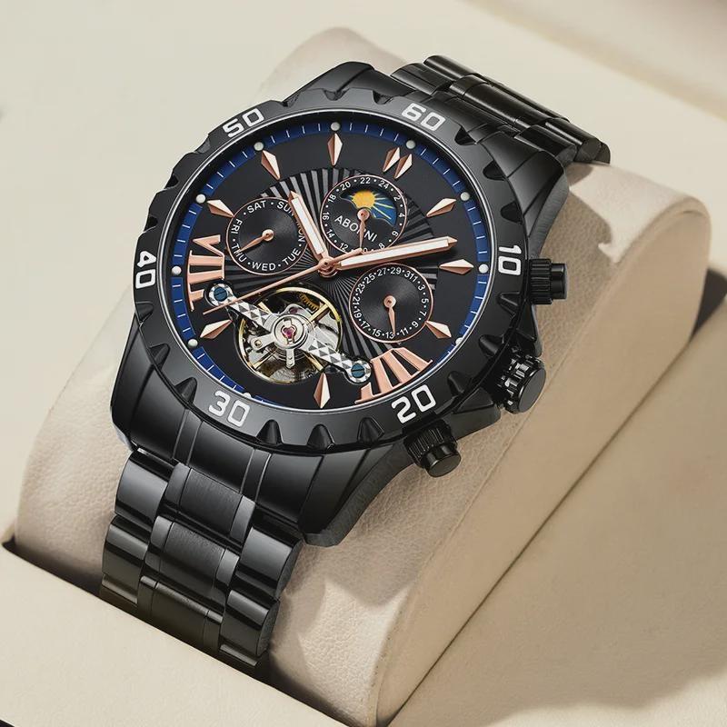Men Business Casual Mechanical Watch Calendar Week Moon Phase Multifunctional Waterproof Luminous Stainless Steel Wristwatch