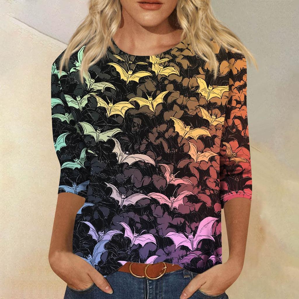 Women's Fashion Casual Round Neck 3/4 Sleeve Loose Printed T-Shirt Ladies Top