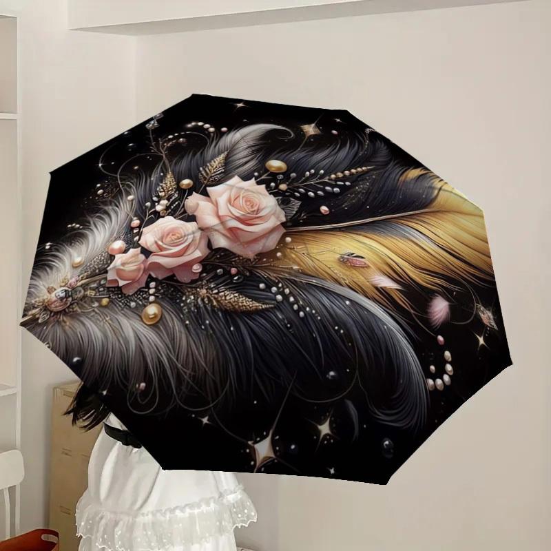 1pc Elegant Feathers and Roses Composition Umbrella with Plastic Handle,Suitable for All Seasons Home Travel Outdoor UmbrellaDD392