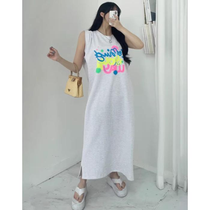 

YYFS Женская мода лето весна без рукавов с круглым вырезом свободная талия повседневные платья M серый