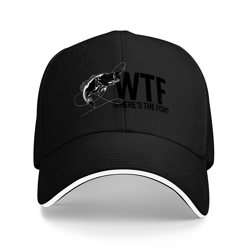 WTF WHERES THE FISH Black Baseball Cap with Fish Logo Design for Fishing Enthusiasts and Casual Wearers